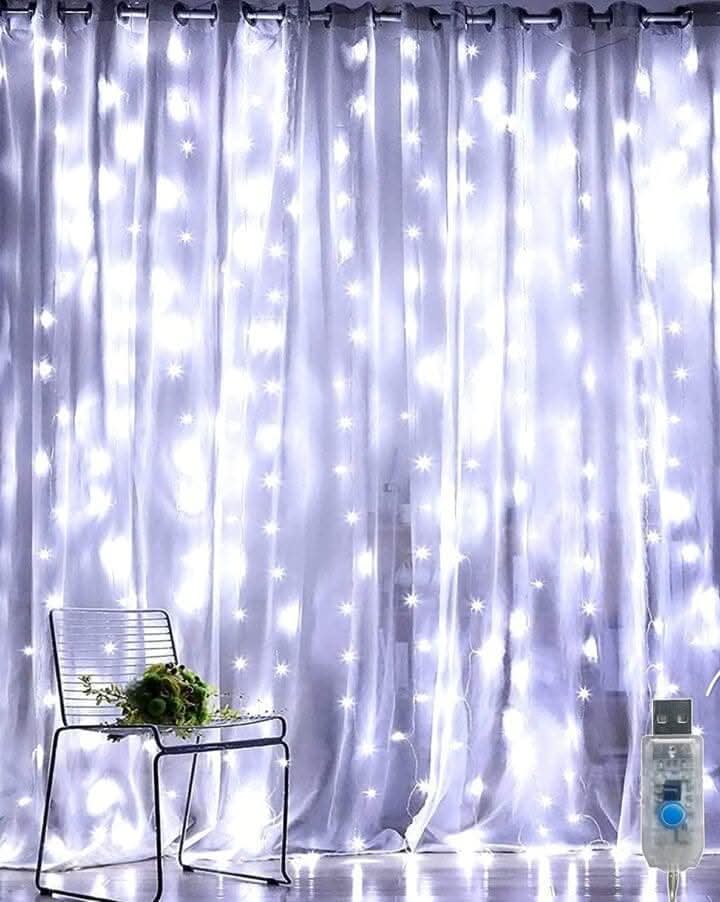 White LED curtain string lights with waterfall hanging design