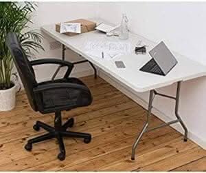 White plastic folding table with steel frame