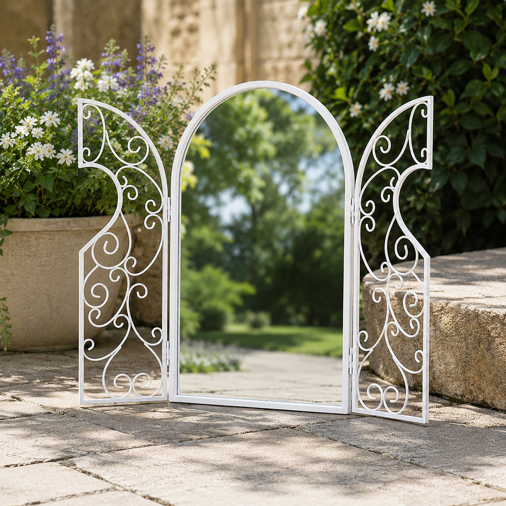 White metal arched mirror with working shutters