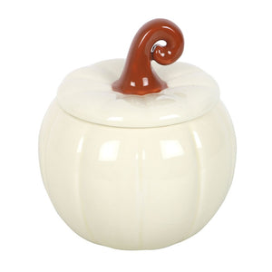 White ceramic pumpkin-shaped jar with a brown lid on a white background
