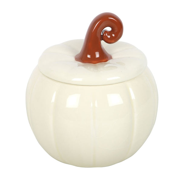 White ceramic pumpkin-shaped jar with a brown lid on a white background