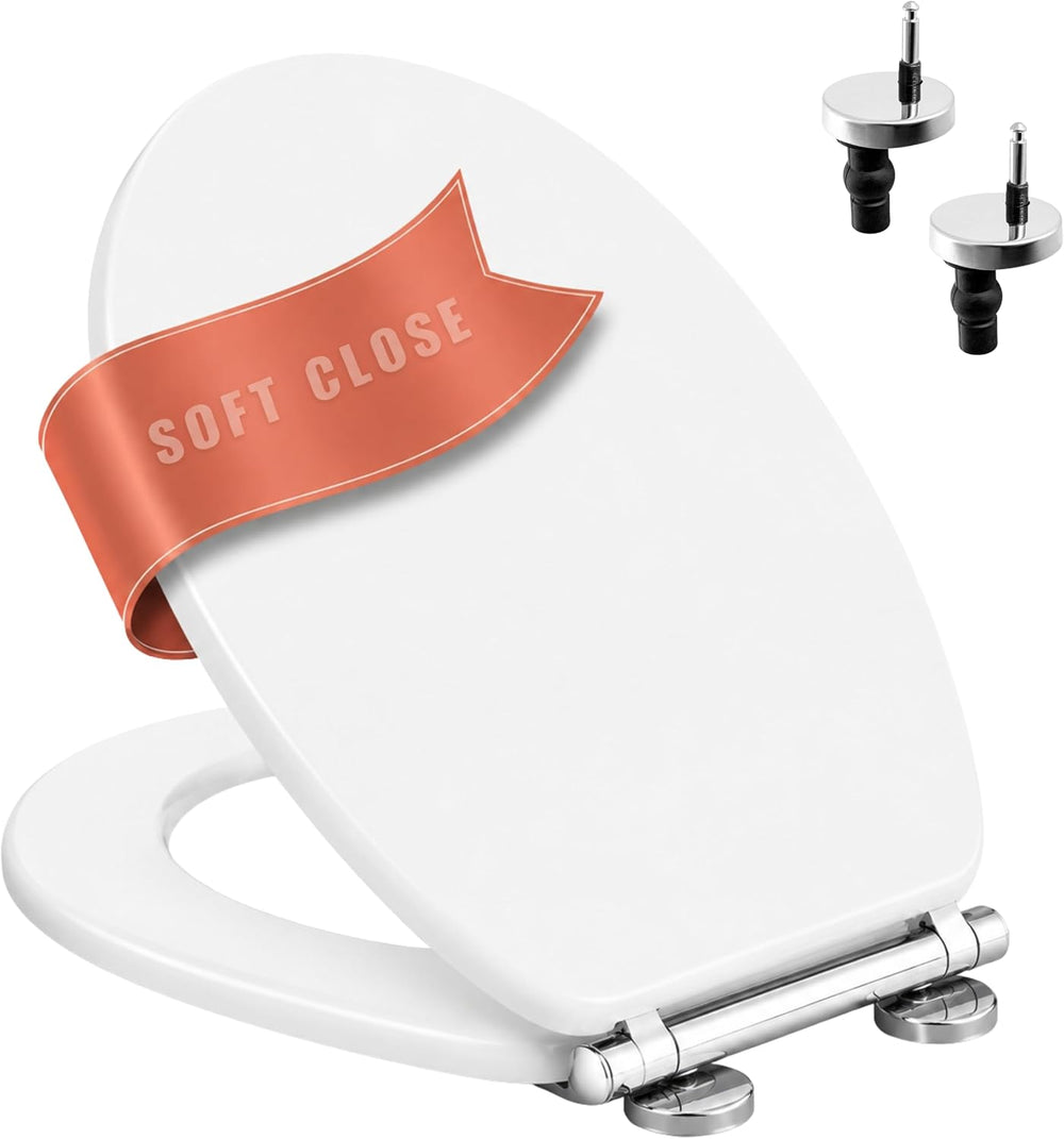 White soft close MDF toilet seat with chrome hinges.