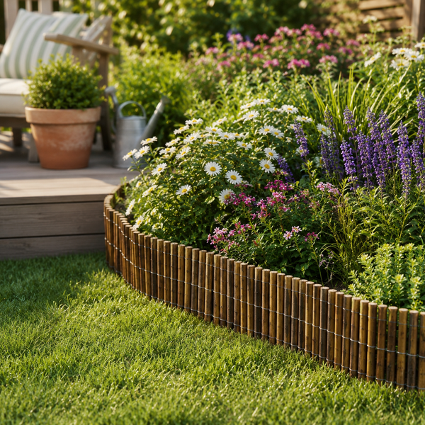 Brown wooden edging installed around raised bed