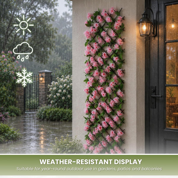 Willow lattice trellis with pink blossoms and leaves