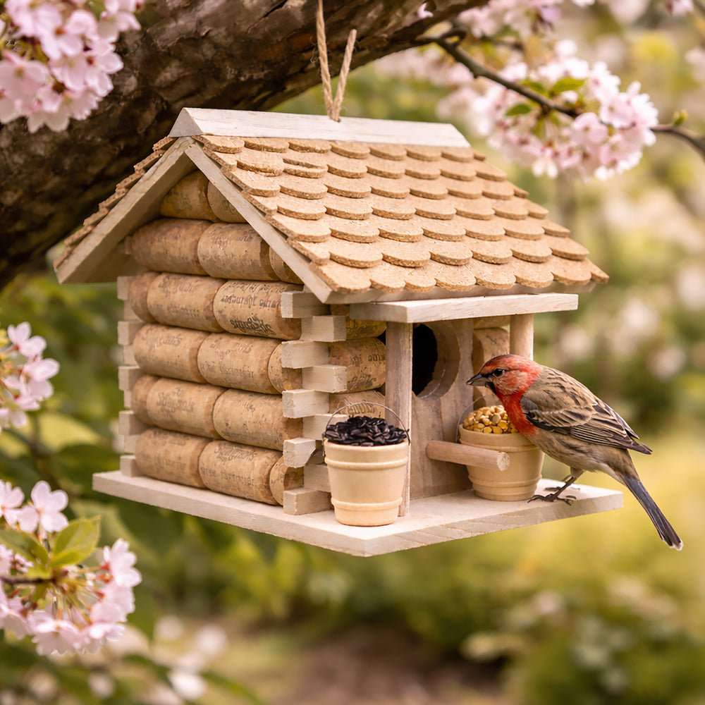 Wooden wine cork hanging bird house