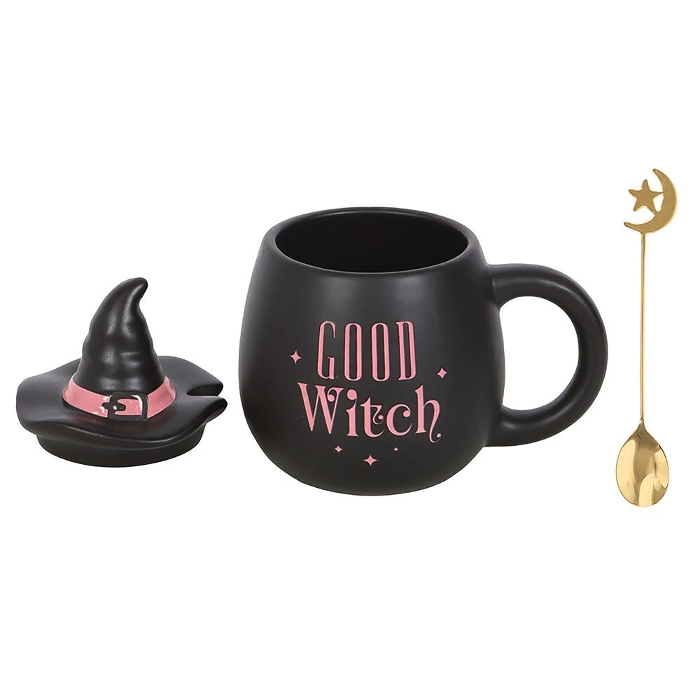 Good Witch ceramic mug with witch hat lid and gold spoon