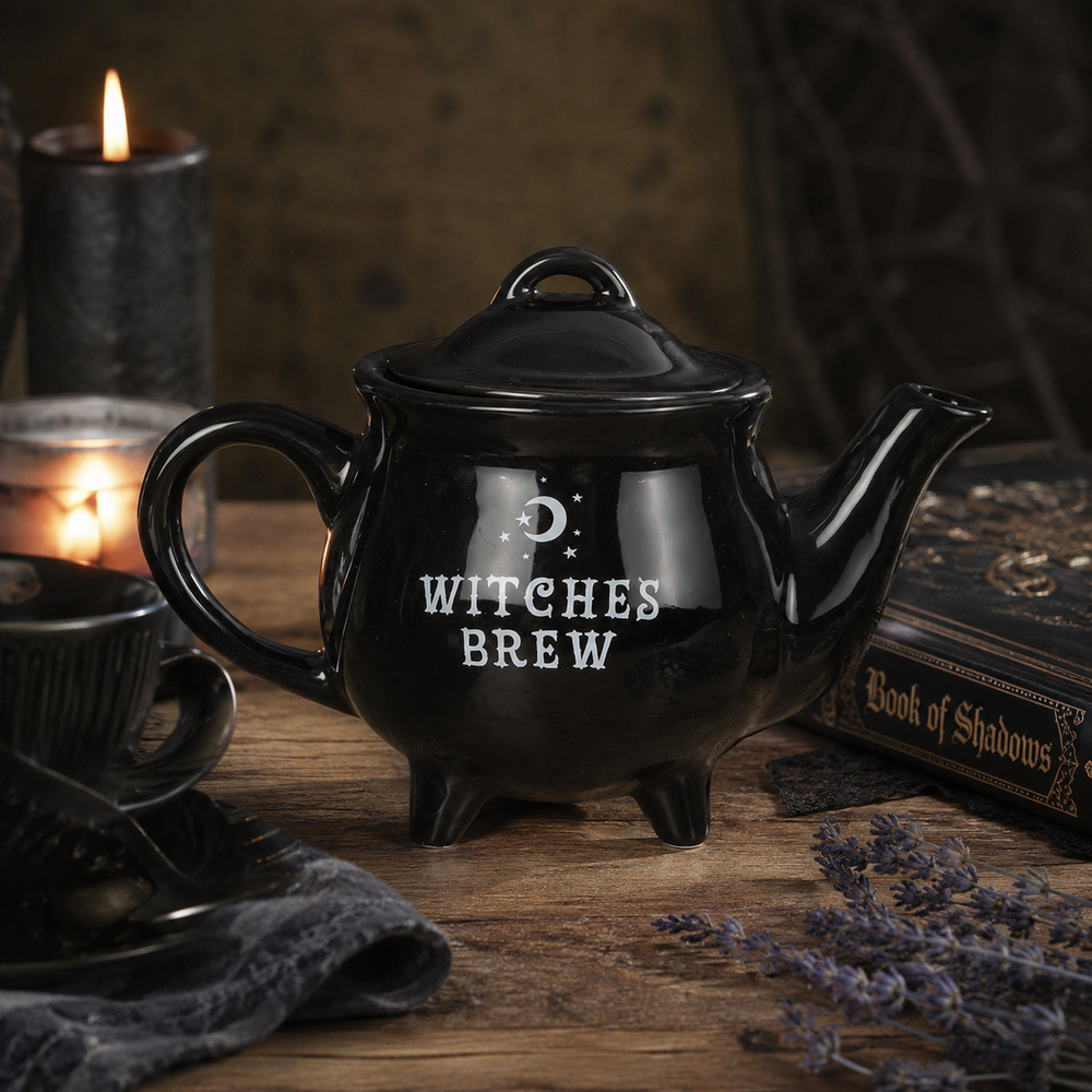Gothic ceramic drinkware displayed for Halloween
