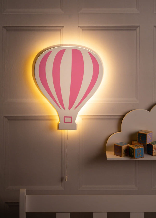 Wooden hot air balloon wall light with white LED glow