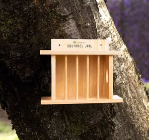 Wooden bird and squirrel feeder with jail design