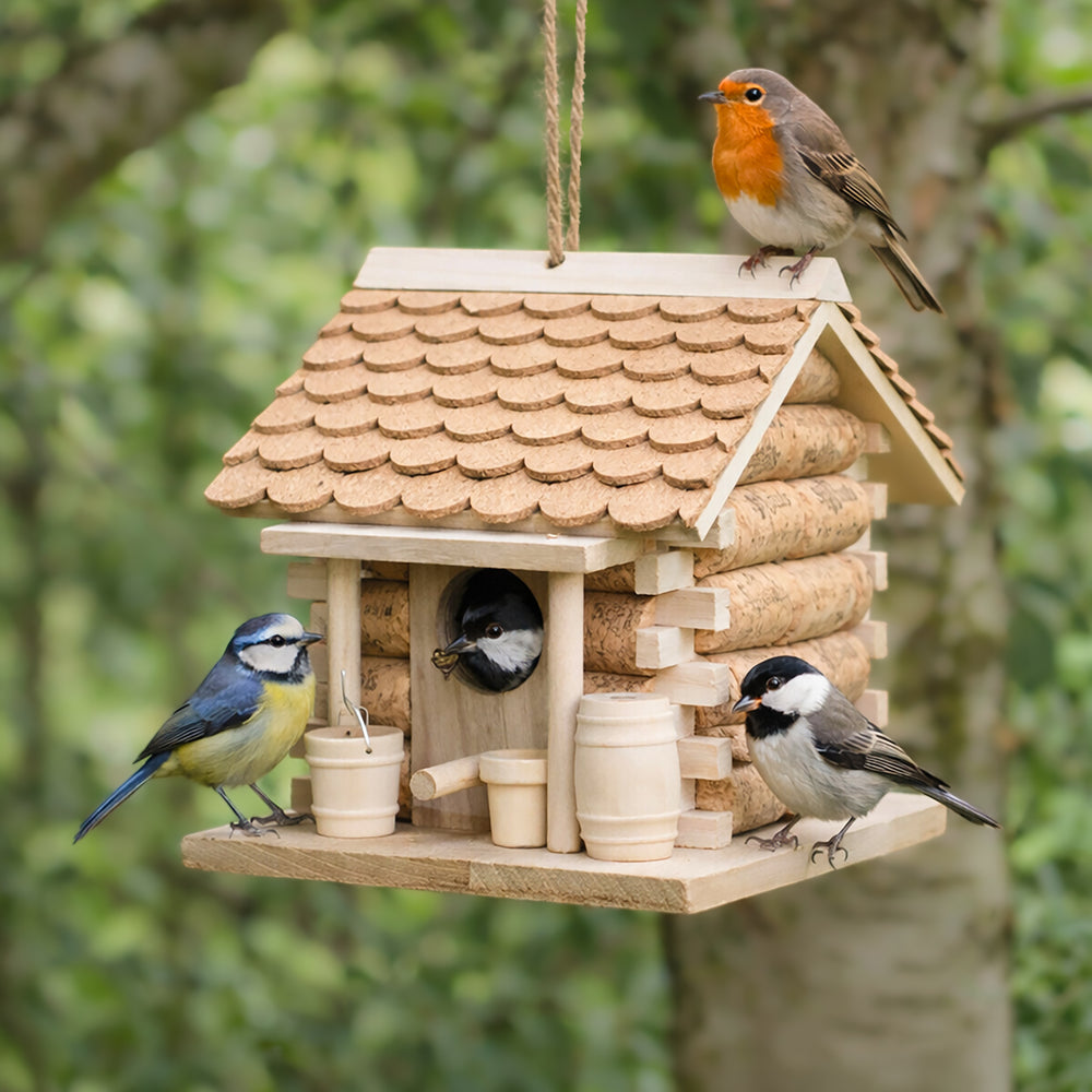 Wooden wine cork hanging bird house