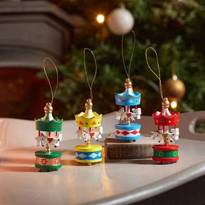 Four wooden carousel horse Christmas tree decorations