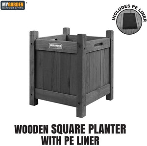 Square wooden planter with painted grey finish