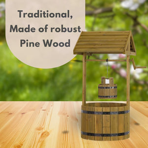 Outdoor wishing well planter with plastic planting liner.