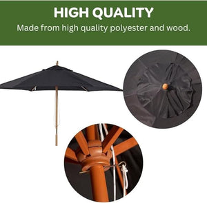 Black polyester garden umbrella with wooden frame