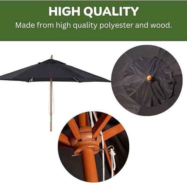 Black polyester garden umbrella with wooden frame