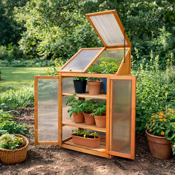 Wooden greenhouse with three levels of growing space