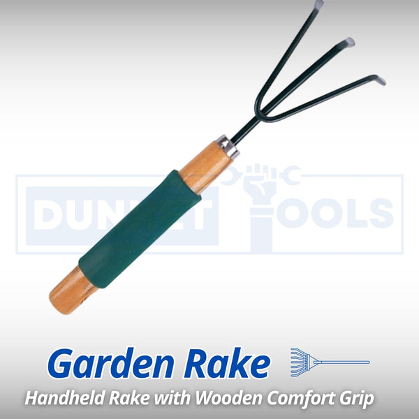 Compact gardening rake for flower bed maintenance.