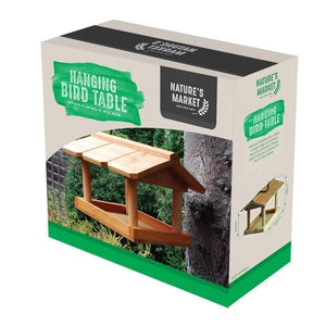 Hanging garden bird table with open feeding platform