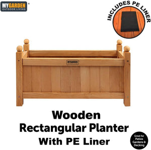 Natural wood planter positioned along a garden fence.
