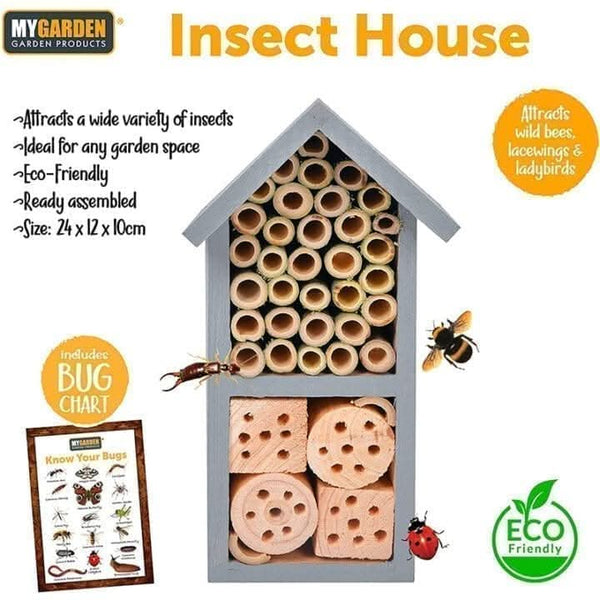 Wooden bug house with bamboo tubes for garden insects
