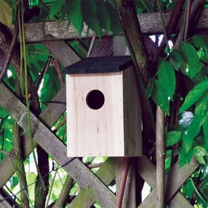 Wooden bird house with hinged cleaning lid