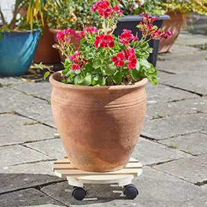 Round wooden plant caddy with smooth rolling wheels.