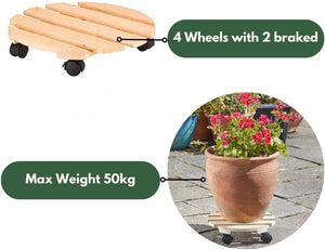 Wooden rolling plant stand for patios and balconies.