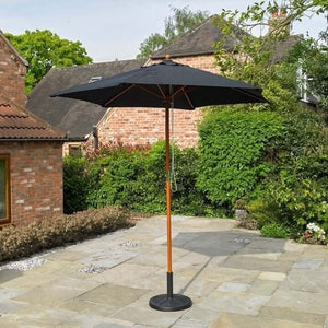 Black patio parasol shown with outdoor furniture