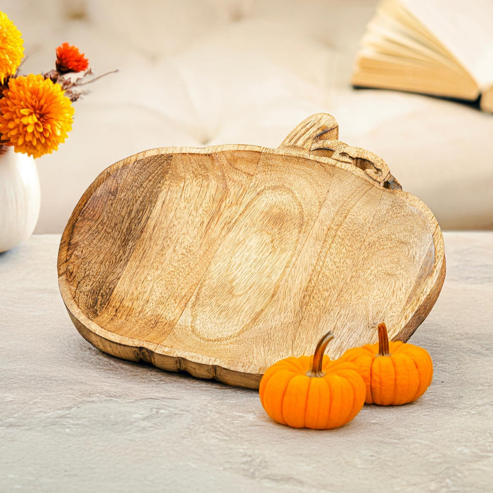 Handcrafted mango wood pumpkin serving tray