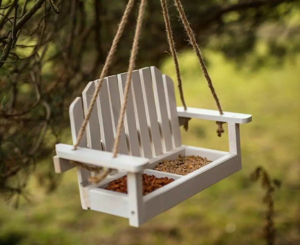 Hanging wooden bird feeder bench seat in white