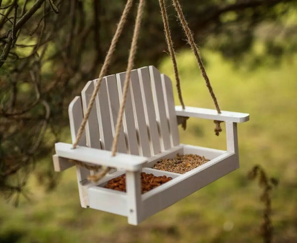 White FSC timber swing seat bird feeder