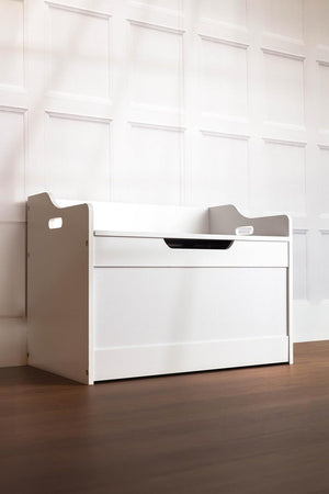 White wooden toy box storage chest for kids bedroom