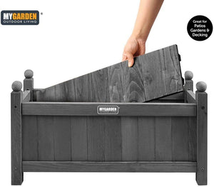 Grey rectangular planter for balcony gardening projects.