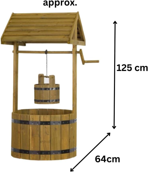 Large pine wishing well planter with hanging bucket.
