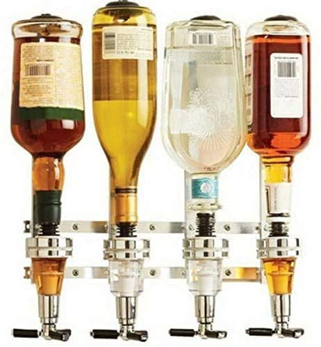 Steel Bar optics holding 4 litre bottles of different spirits including Whiskey and Vodka